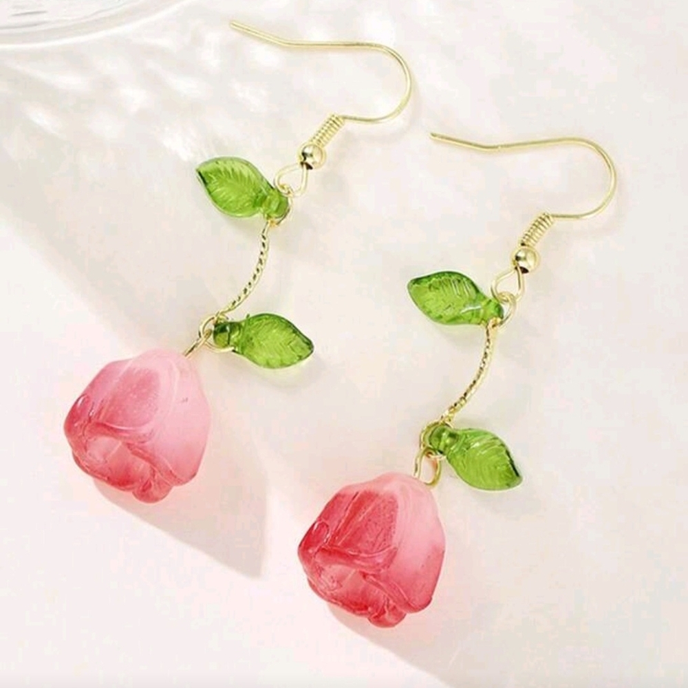 🌸HP! Feminine Spring Pink Rose 🌹Dangle Drop Earrings New!